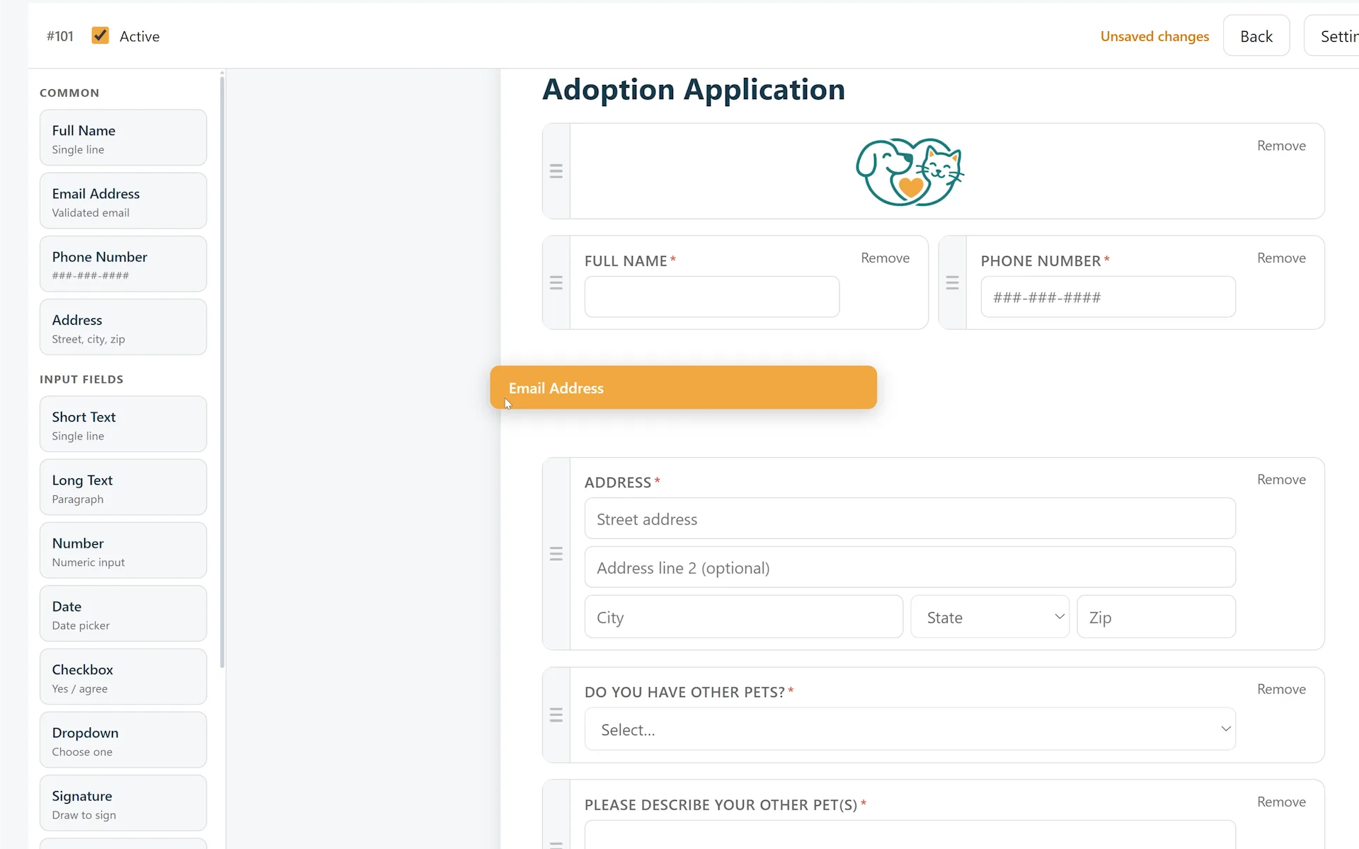 A drag-and-drop form builder with a field palette on the left and an adoption application taking shape on the canvas